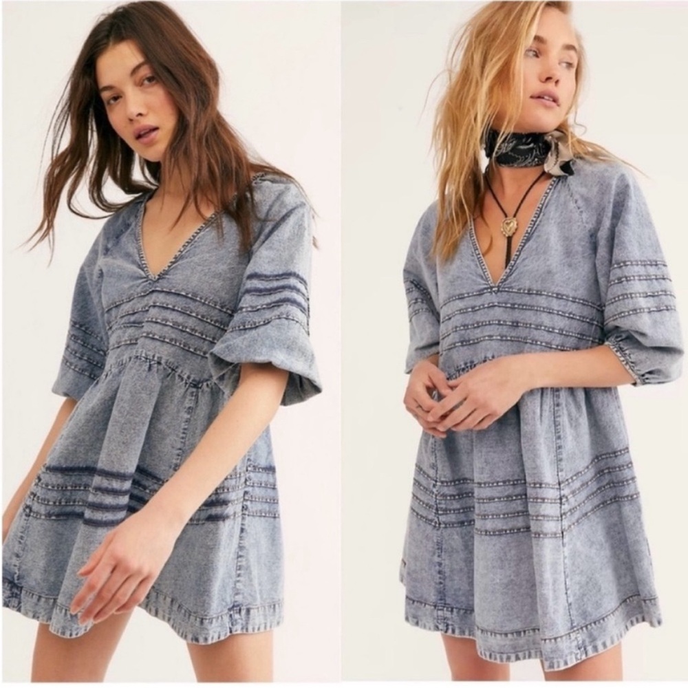 Free People Denim Blue Striped Mini Dress